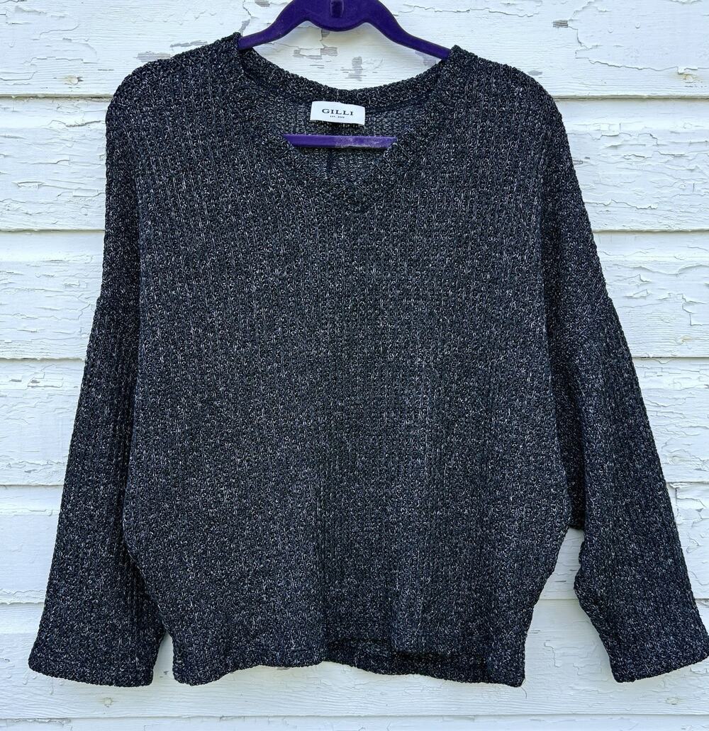 GILLI Sweater Dark Gray Loose Knit V-neck Relaxed Casual Pullover Womens Large